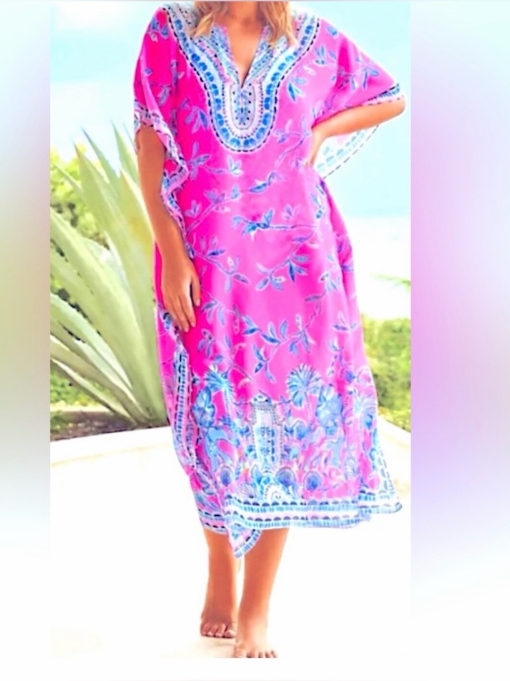 Lilly Pulitzer CUCA Maxi Beach Cover-up Pink/ Blue Print Isle Slathouse Jungle